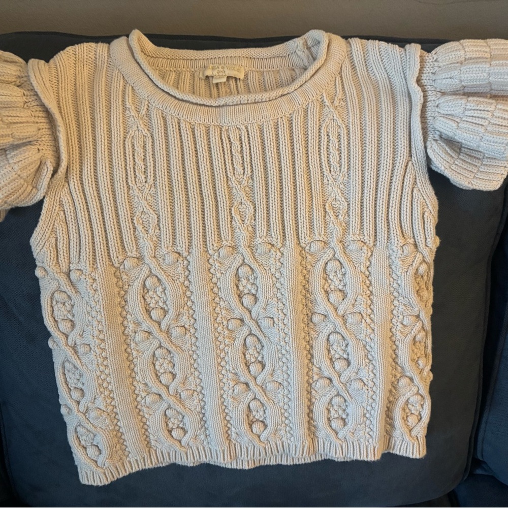Girl's Cream Short Sleeve Sweater with Puff Sleeves
